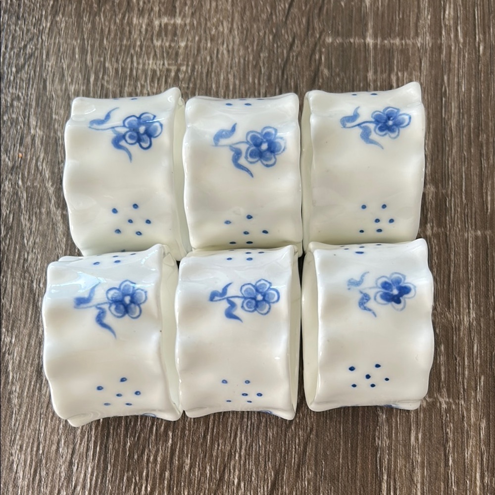 PIA White Bone China Napkin Rings with Blue Floral Design